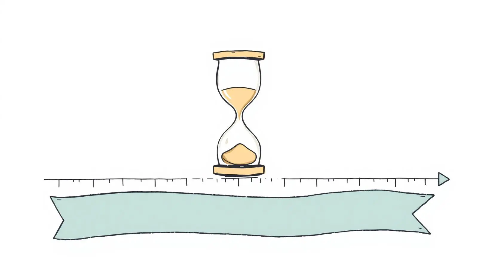 Illustration of an hourglass on a long horizontal timeline ribbon, representing the 10-year marriage threshold
