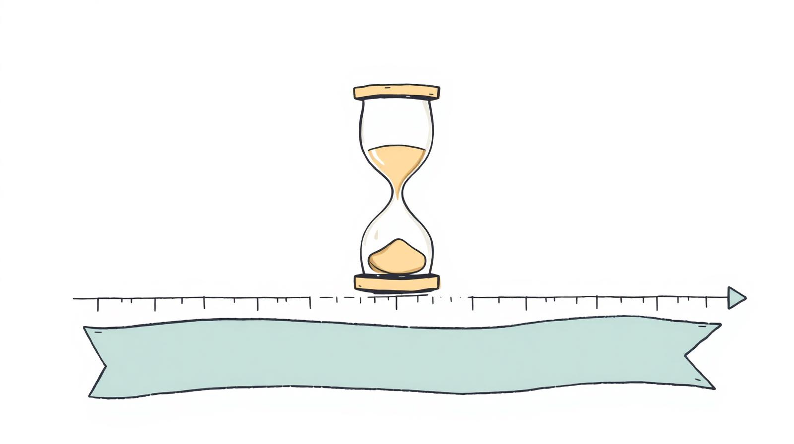 Illustration of an hourglass on a long horizontal timeline ribbon, representing the 10-year marriage threshold