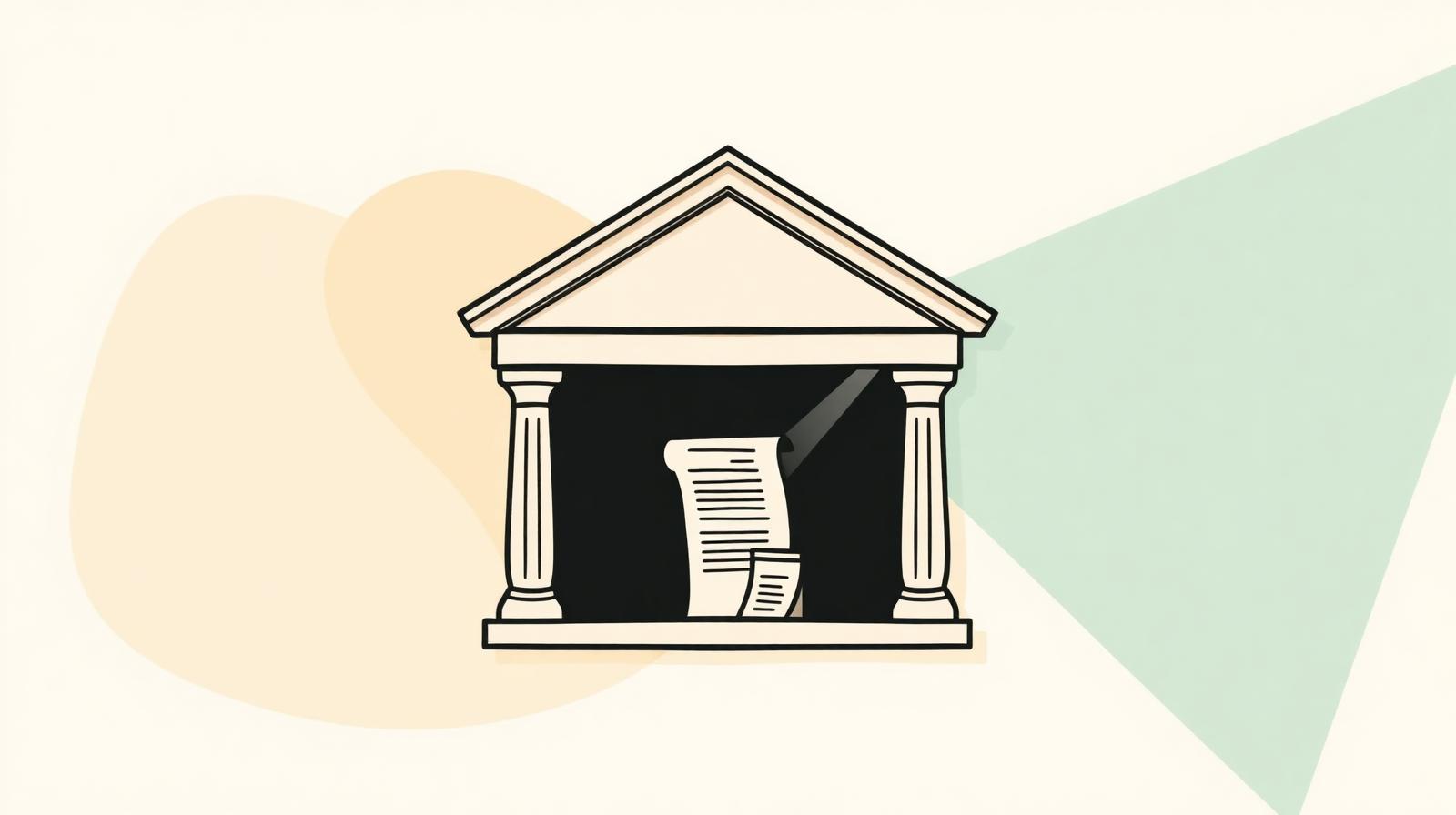 Illustration of a small courthouse cashier window with a folded receipt and a single dollar bill