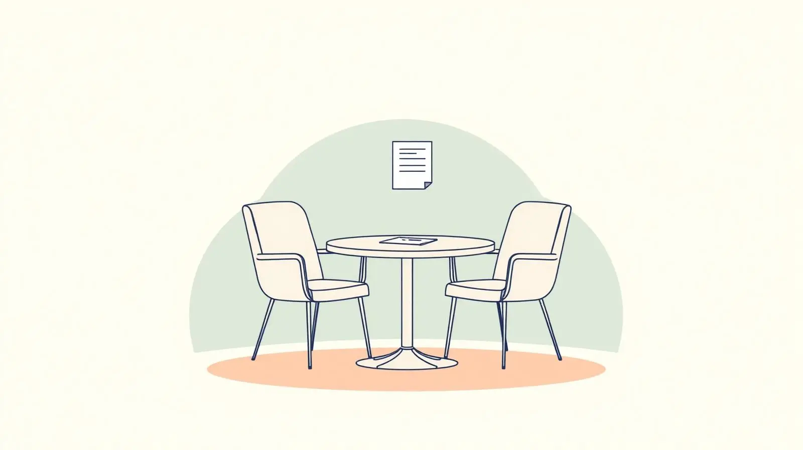 Illustration of two empty chairs facing each other across a small round table with a single document on top