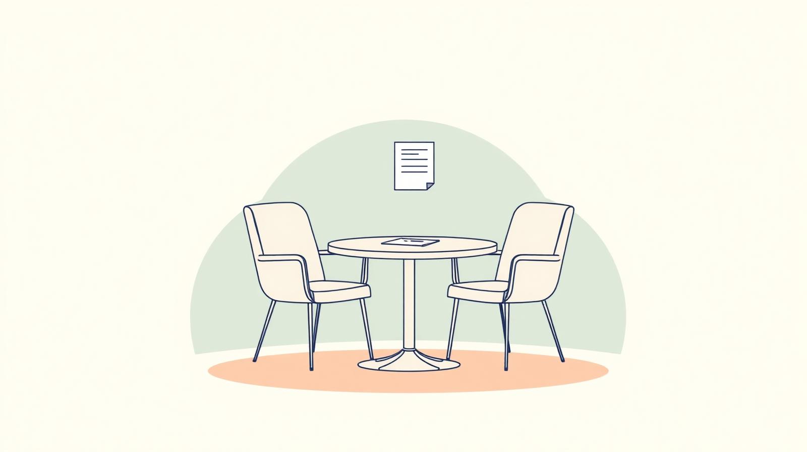 Illustration of two empty chairs facing each other across a small round table with a single document on top