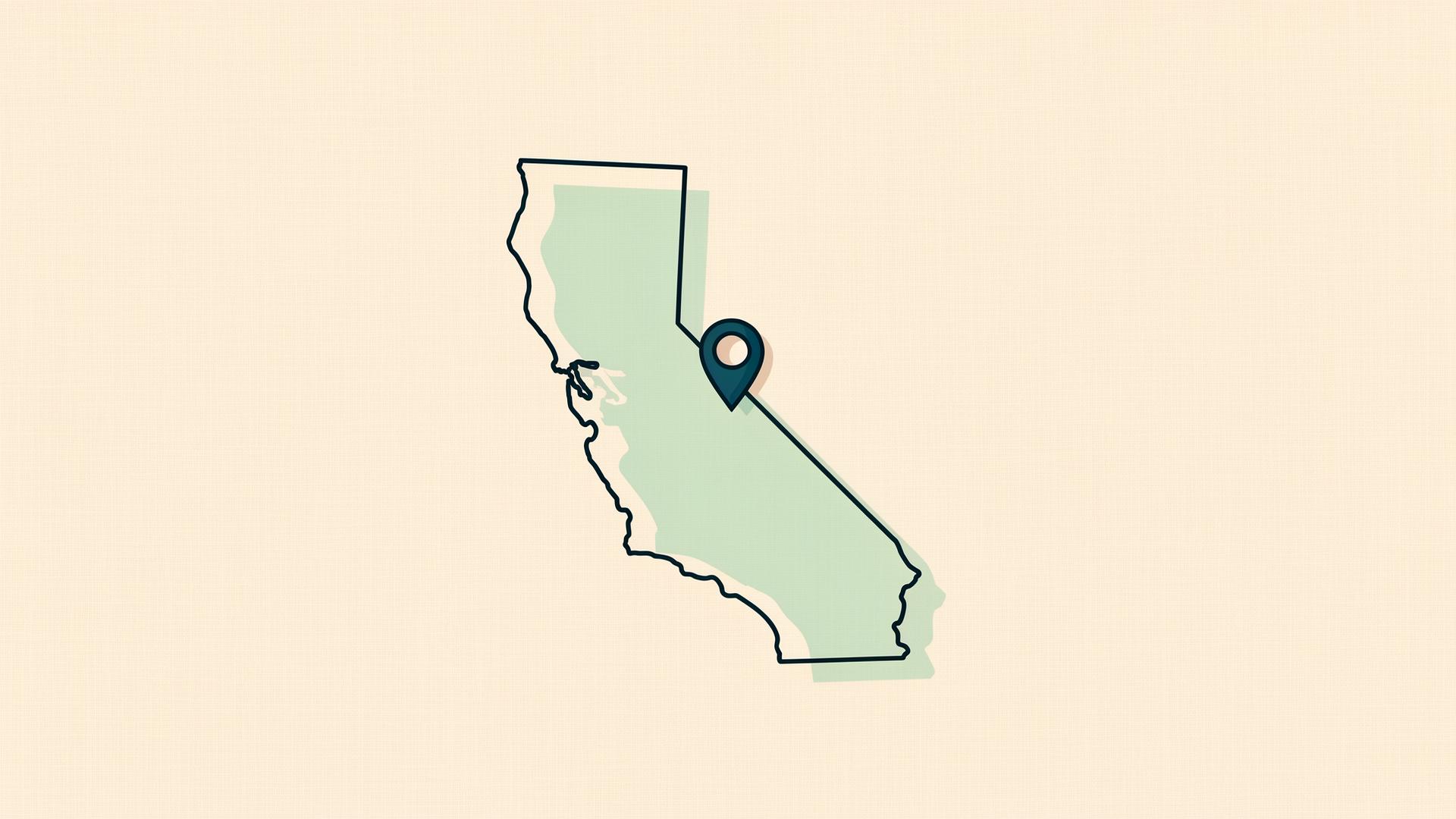 Illustration of the outline of the state of California with a map pin marker