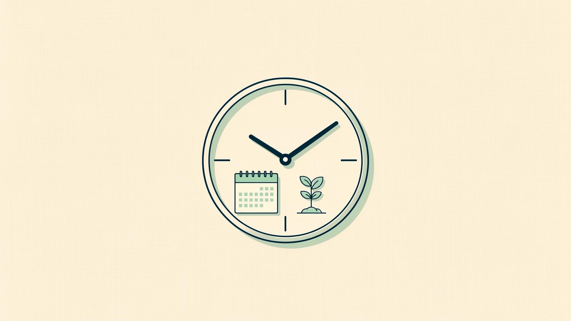 Illustration of a clock face with a small calendar and a growing plant, representing patience during the waiting period