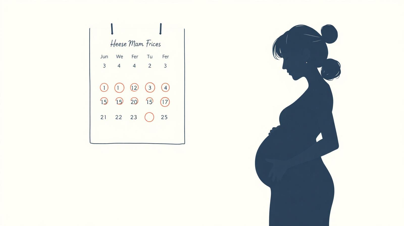 Illustration of an expectant mother beside a wall calendar with circled dates, representing waiting through pregnancy to finalize a divorce