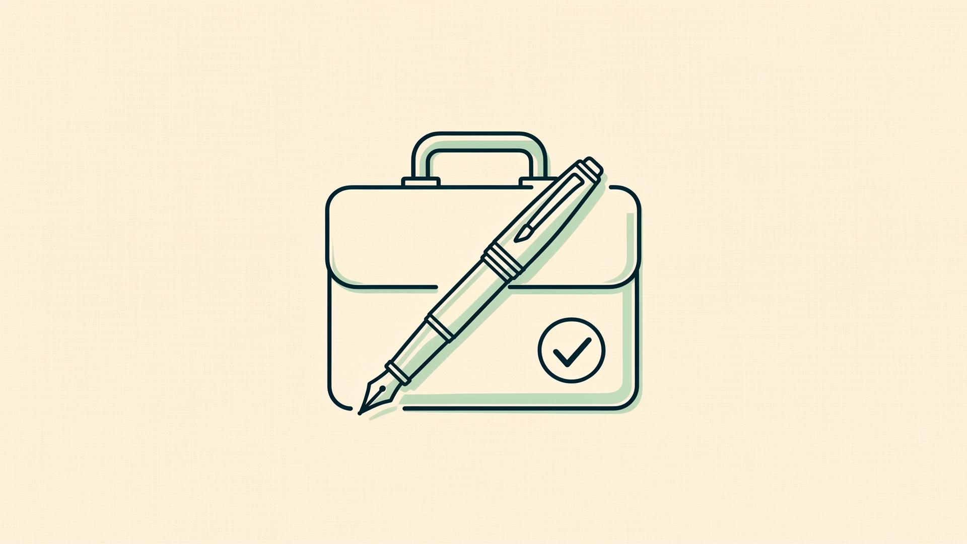 Illustration of a fountain pen over a briefcase with a small checkmark, representing confident self-representation