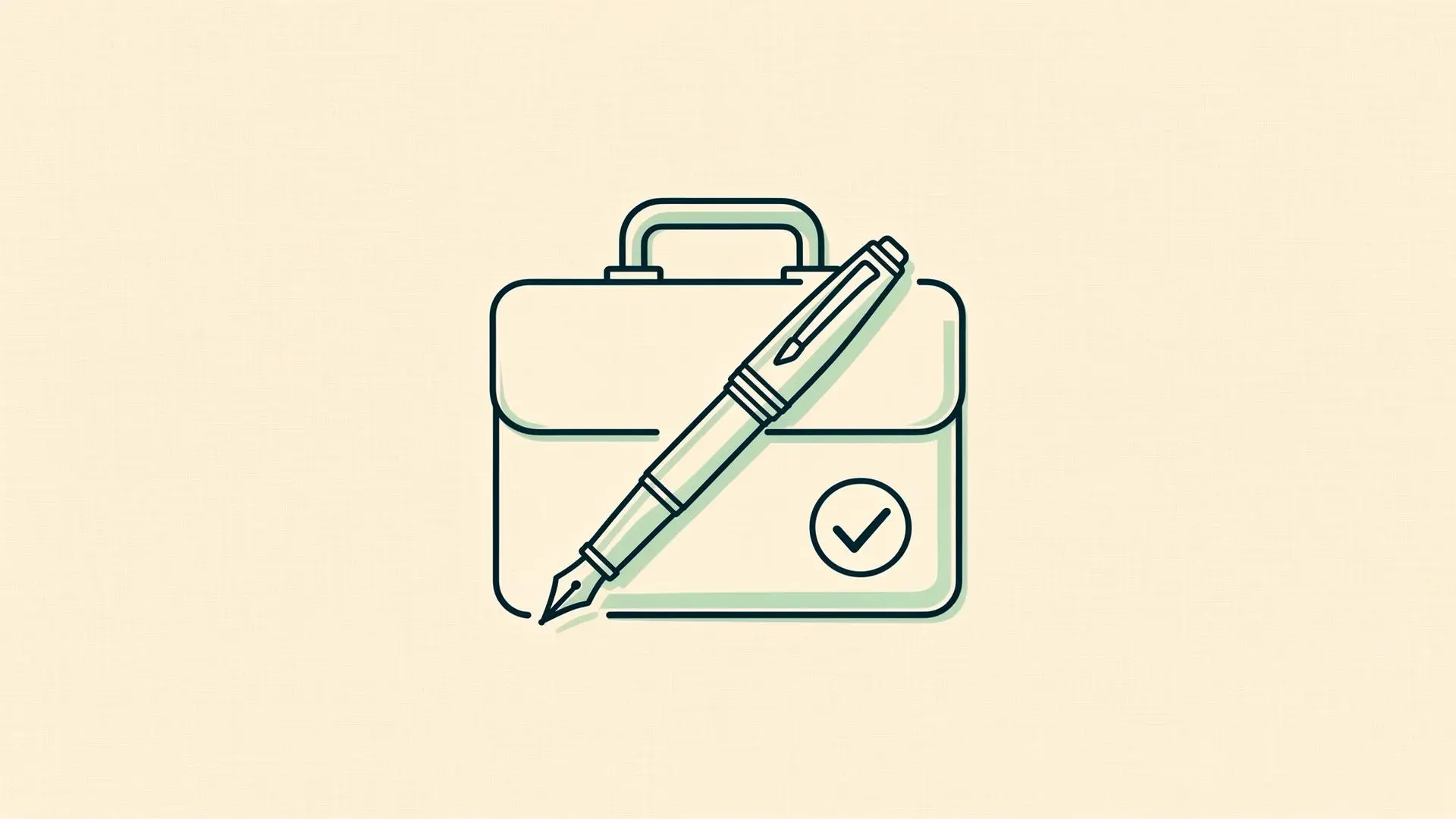 Illustration of a fountain pen over a briefcase with a small checkmark, representing confident self-representation