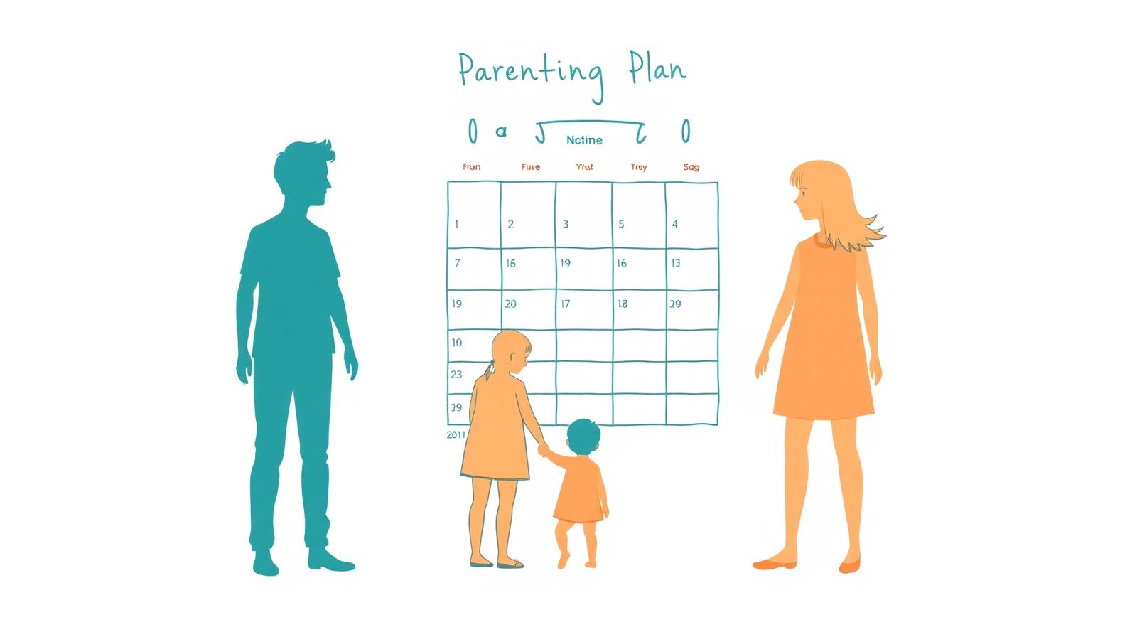 Illustration of two parent silhouettes on either side of a child silhouette with a parenting plan calendar in the background