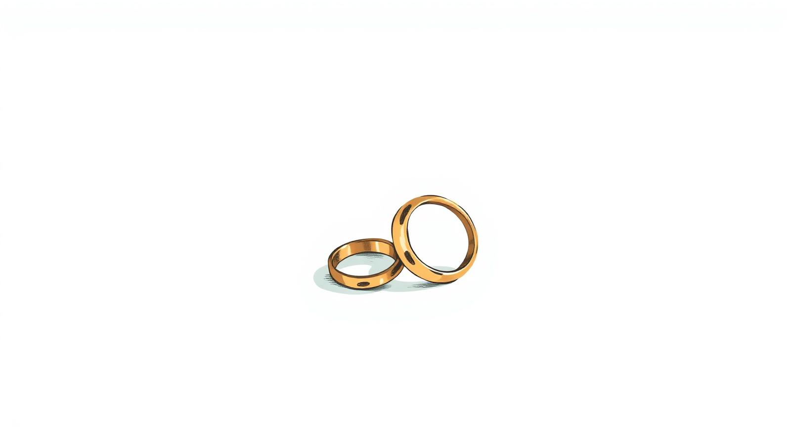 Illustration of two gold wedding rings separated on a flat surface, representing infidelity and a no-fault divorce