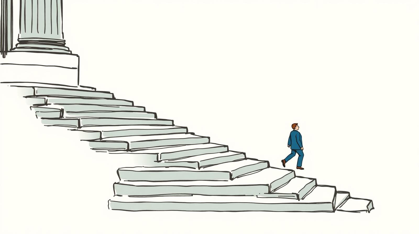 Illustration of stone courthouse steps with two distant figures, one stepping slightly ahead