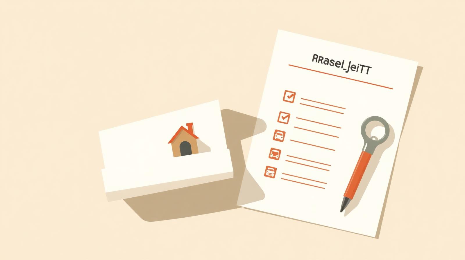 Illustration of a property checklist beside a rolled house deed on a cream background