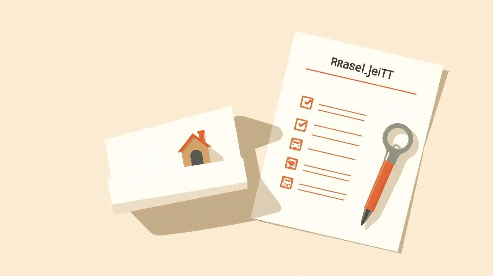 Illustration of a property checklist beside a rolled house deed on a cream background