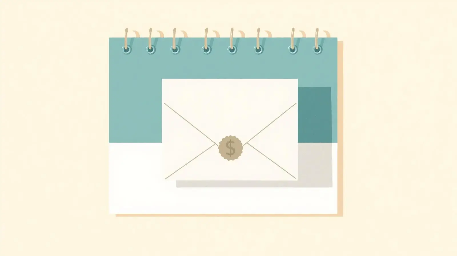Illustration of an envelope marked with a small dollar seal resting on a wall calendar, representing recurring spousal support payments