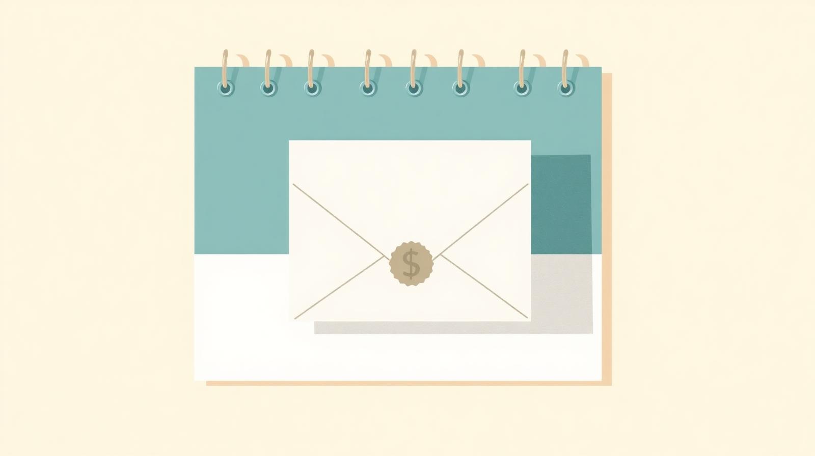 Illustration of an envelope marked with a small dollar seal resting on a wall calendar, representing recurring spousal support payments
