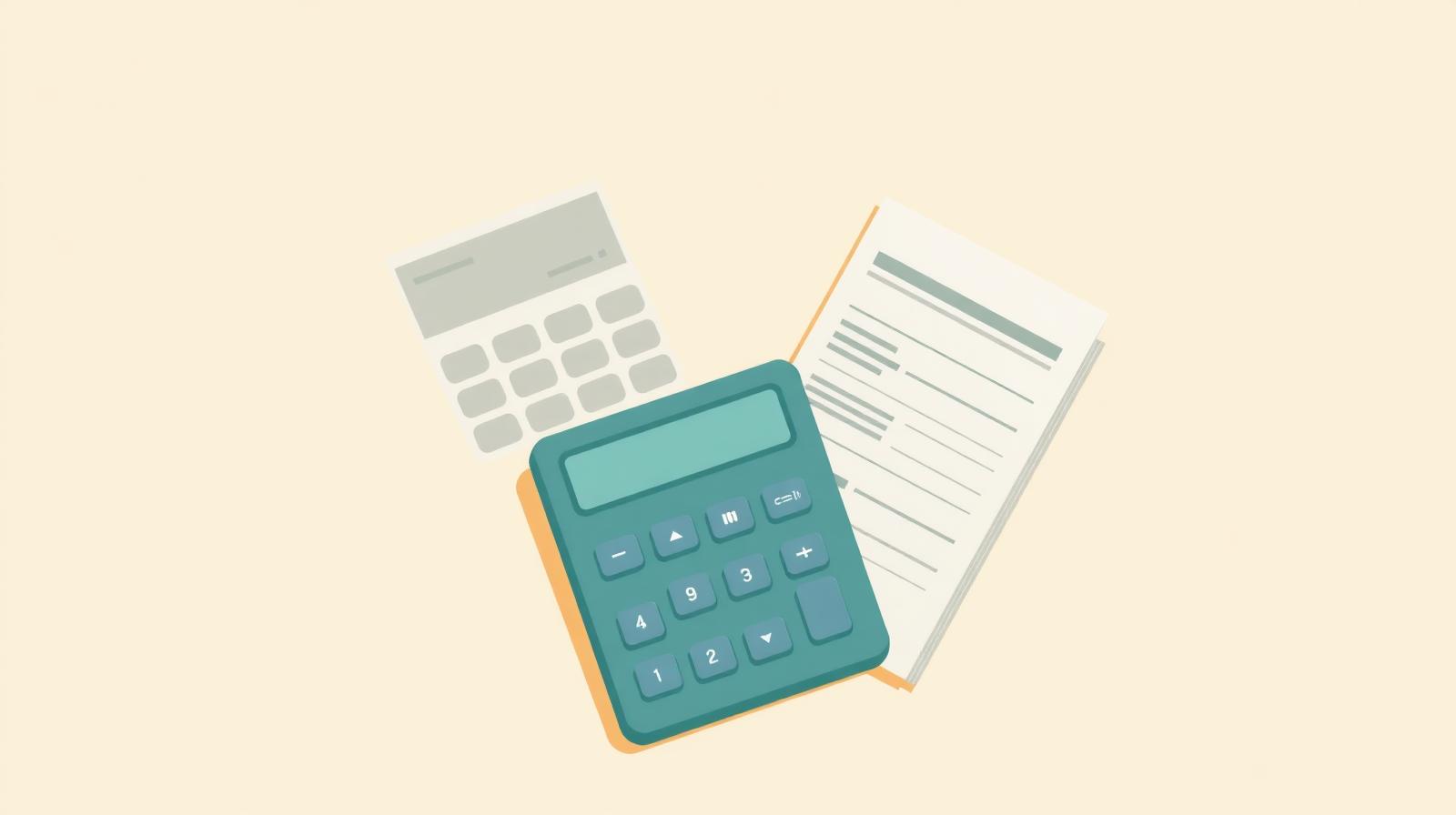 Illustration of a teal calculator beside a folded paystub and a ledger, representing spousal support math