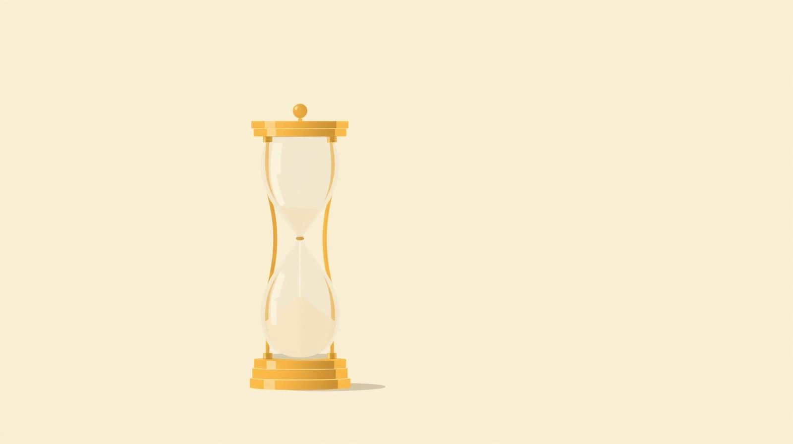 Illustration of a brass hourglass beside a single plain wedding band, representing the duration of spousal support