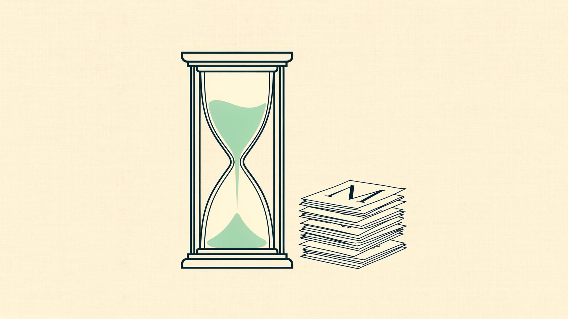 Illustration of an hourglass with mint sand beside a stack of pages representing six months passing