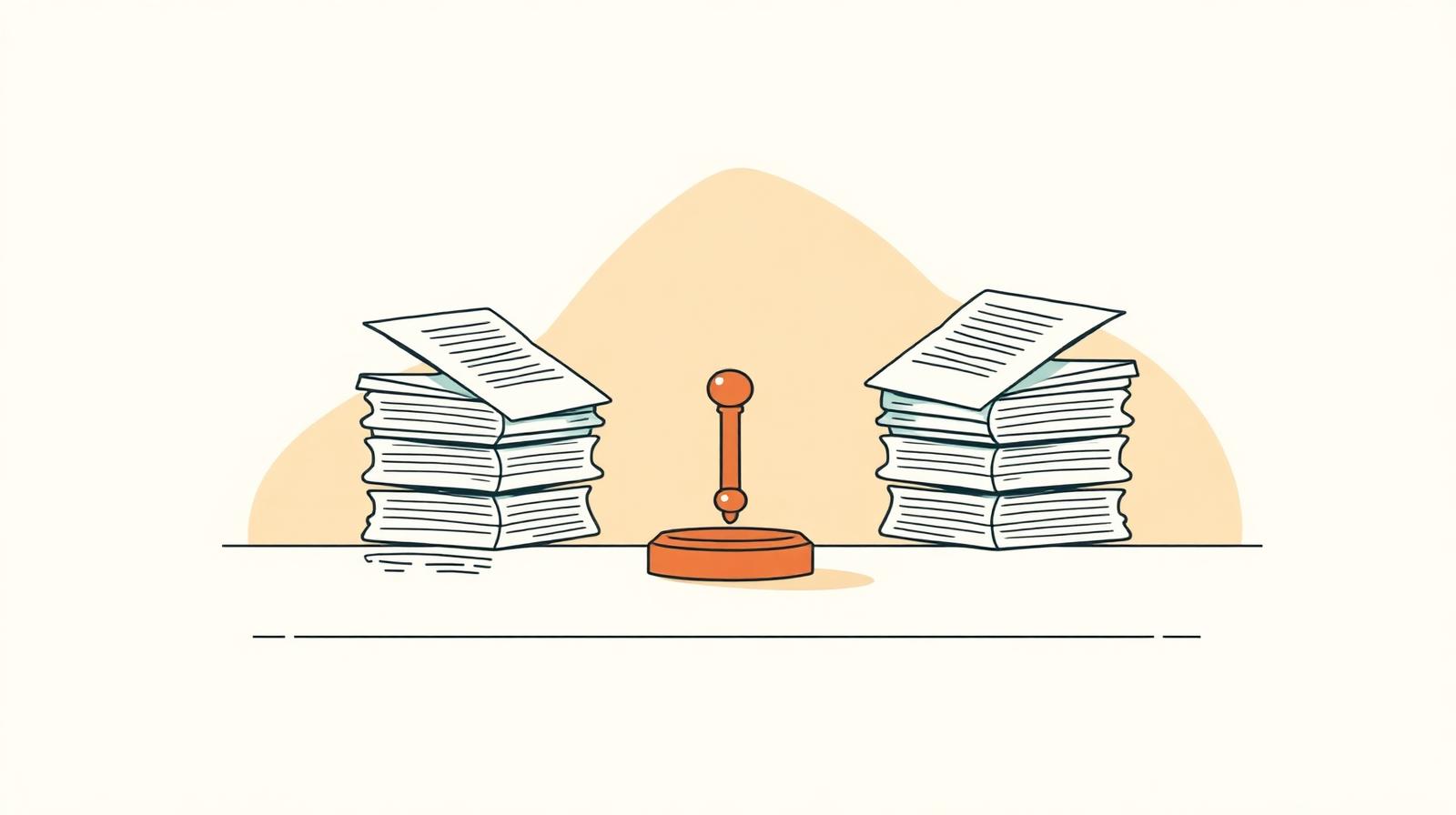 Illustration of two stacks of legal paperwork on a desk with a small gavel between them
