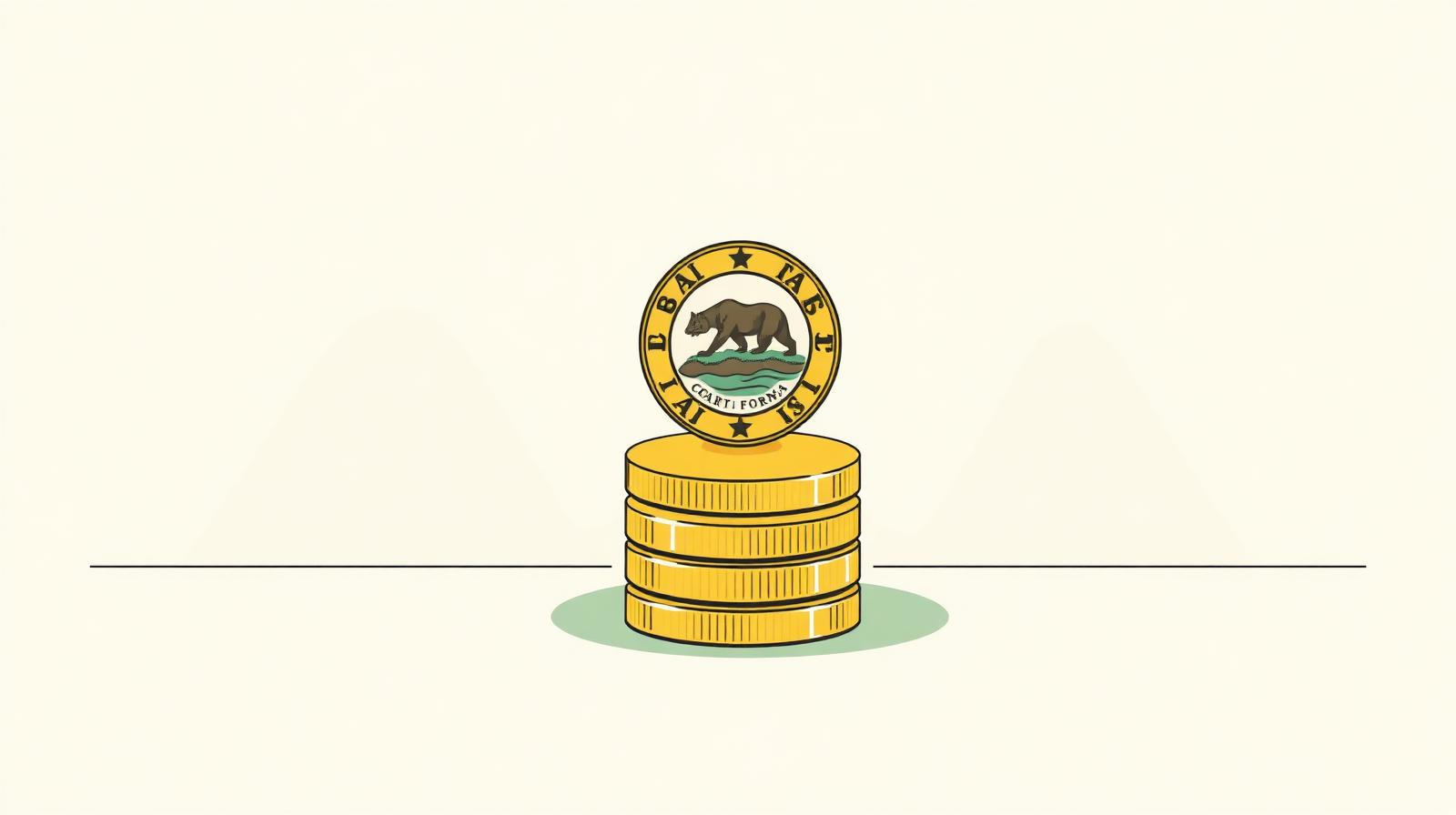 Illustration of a small stack of coins topped with a California state seal medallion