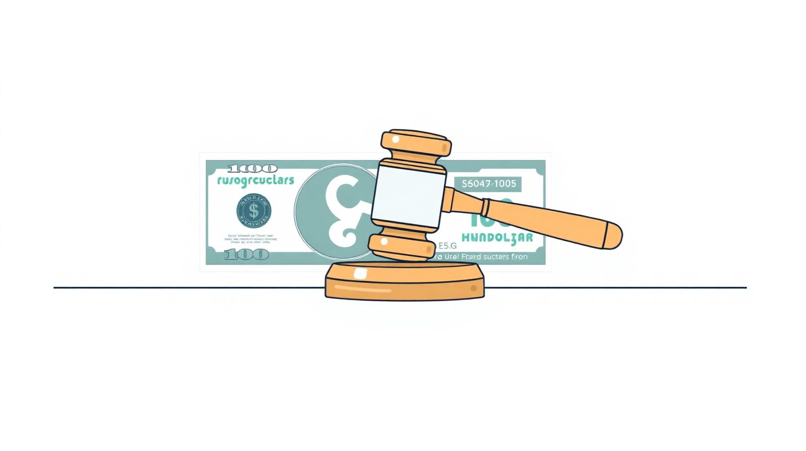 Illustration of a wooden judge's gavel resting beside a folded hundred-dollar bill