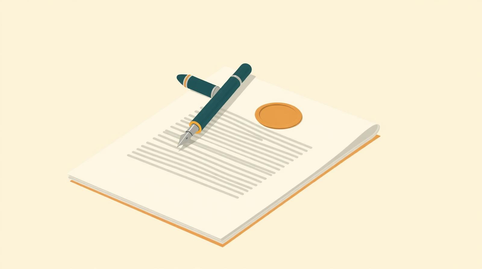 Illustration of a fountain pen resting on a folded contract with a wax seal, representing settlement negotiations