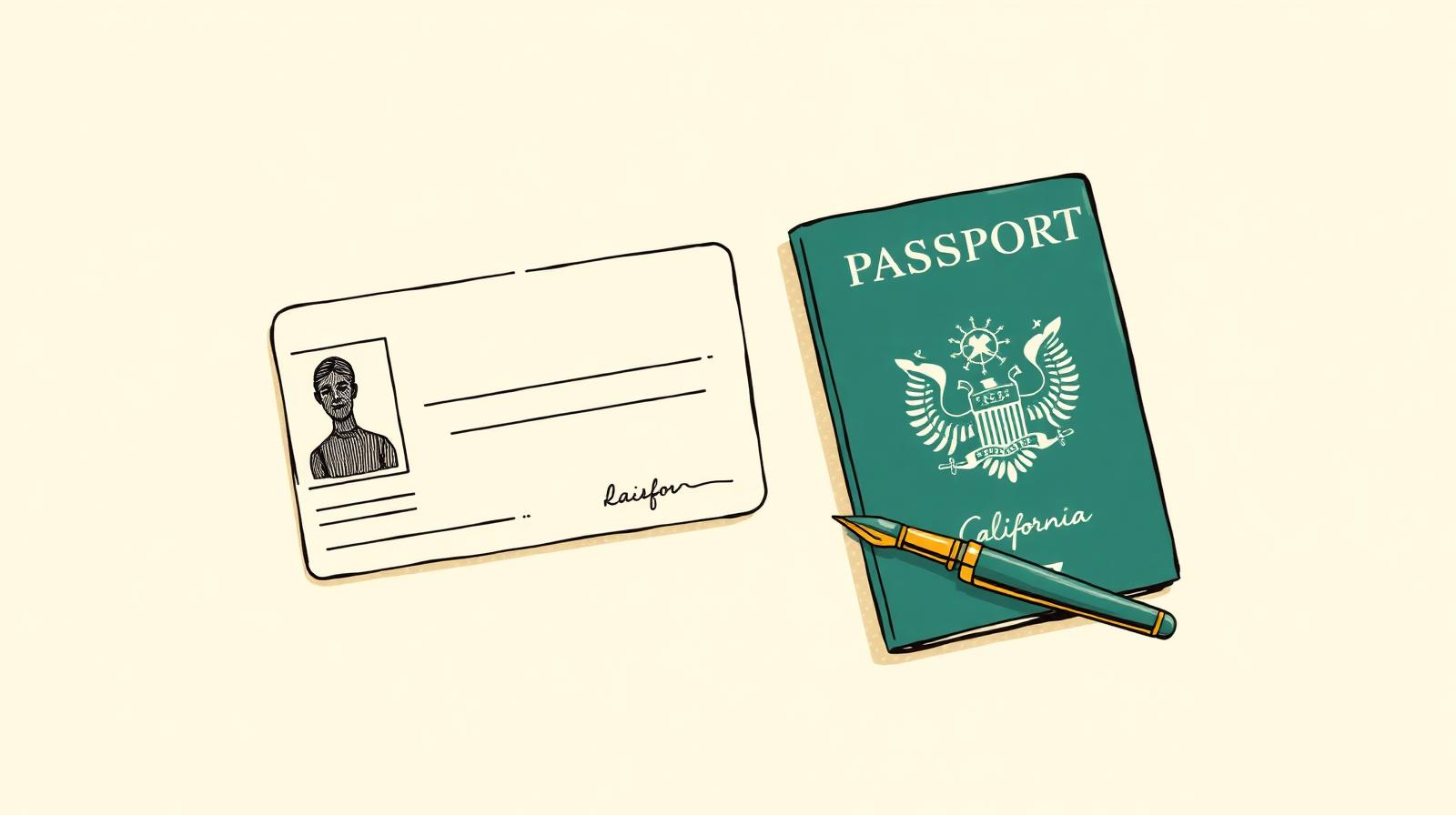 Illustration of an ID card and a passport with a fountain pen resting on a signature line, representing a post-divorce name change