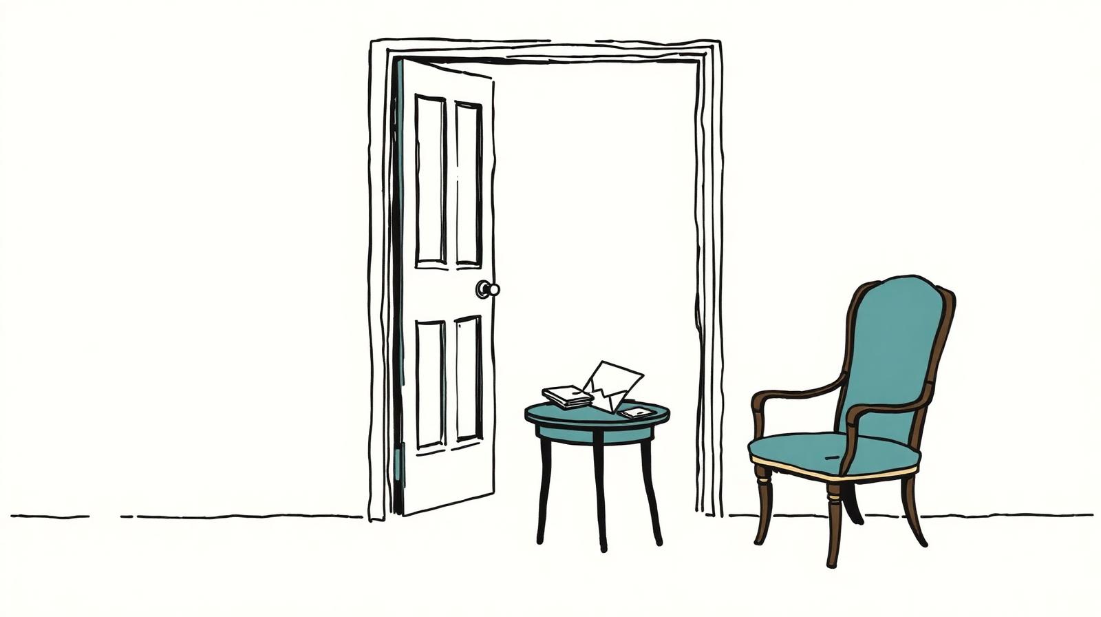 Illustration of an empty chair beside an open door with a few unanswered envelopes on a small table