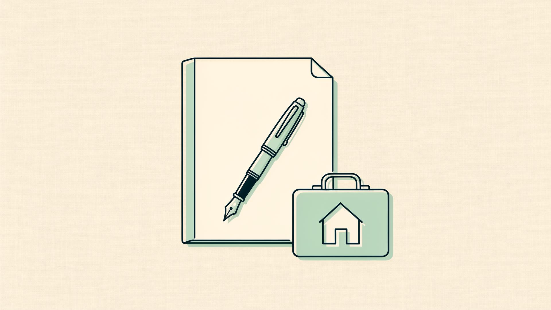 Illustration of a fountain pen on a folder with a small home icon, representing handling divorce paperwork on your own