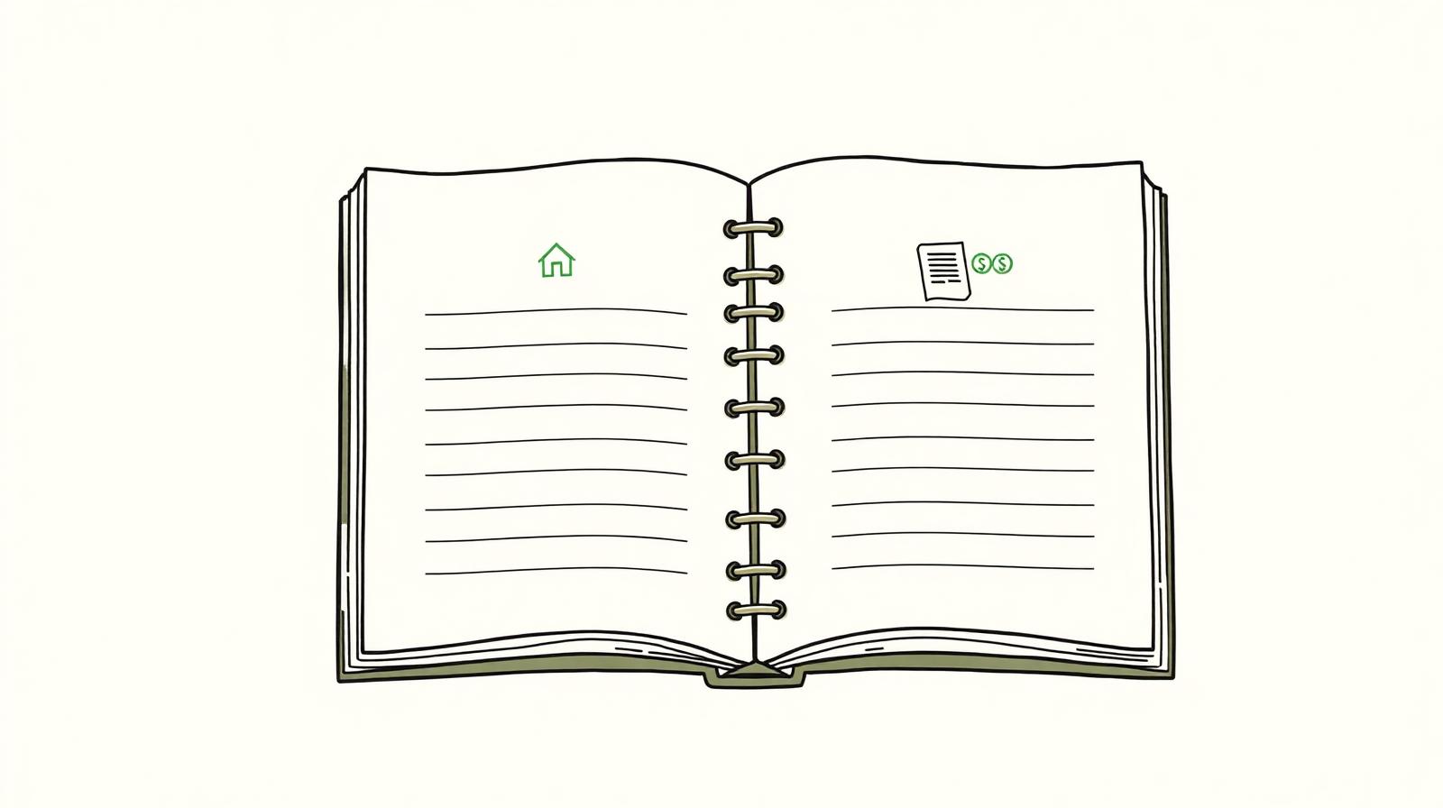 Illustration of an open ledger book with asset and debt columns on a cream background