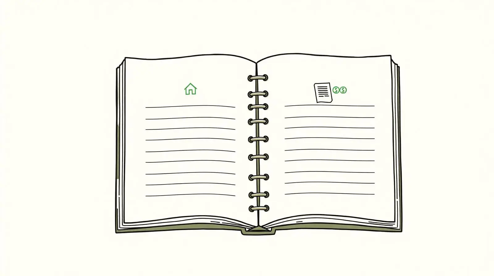 Illustration of an open ledger book with asset and debt columns on a cream background
