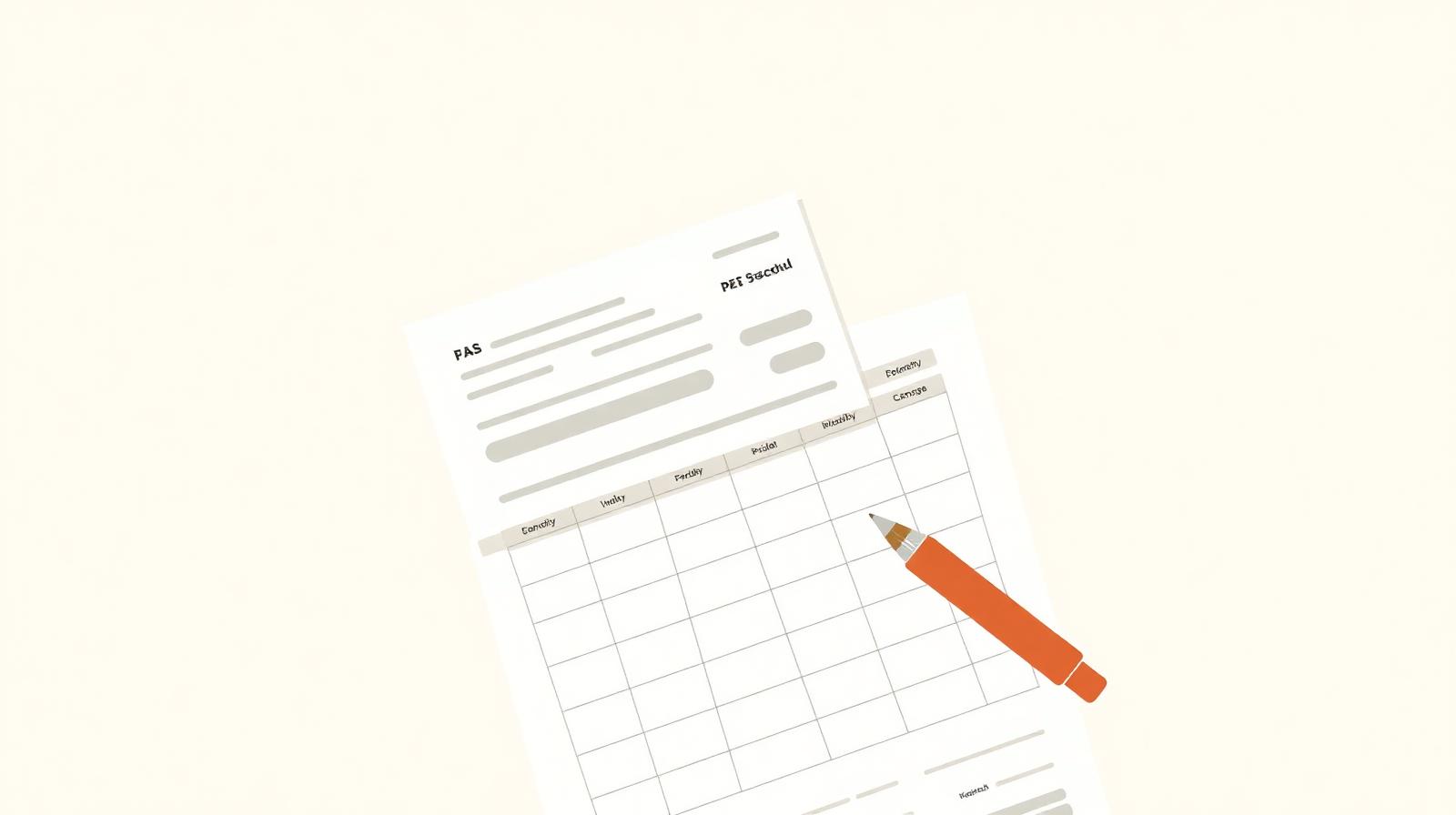 Illustration of a paystub layered over a monthly budget worksheet with a pencil
