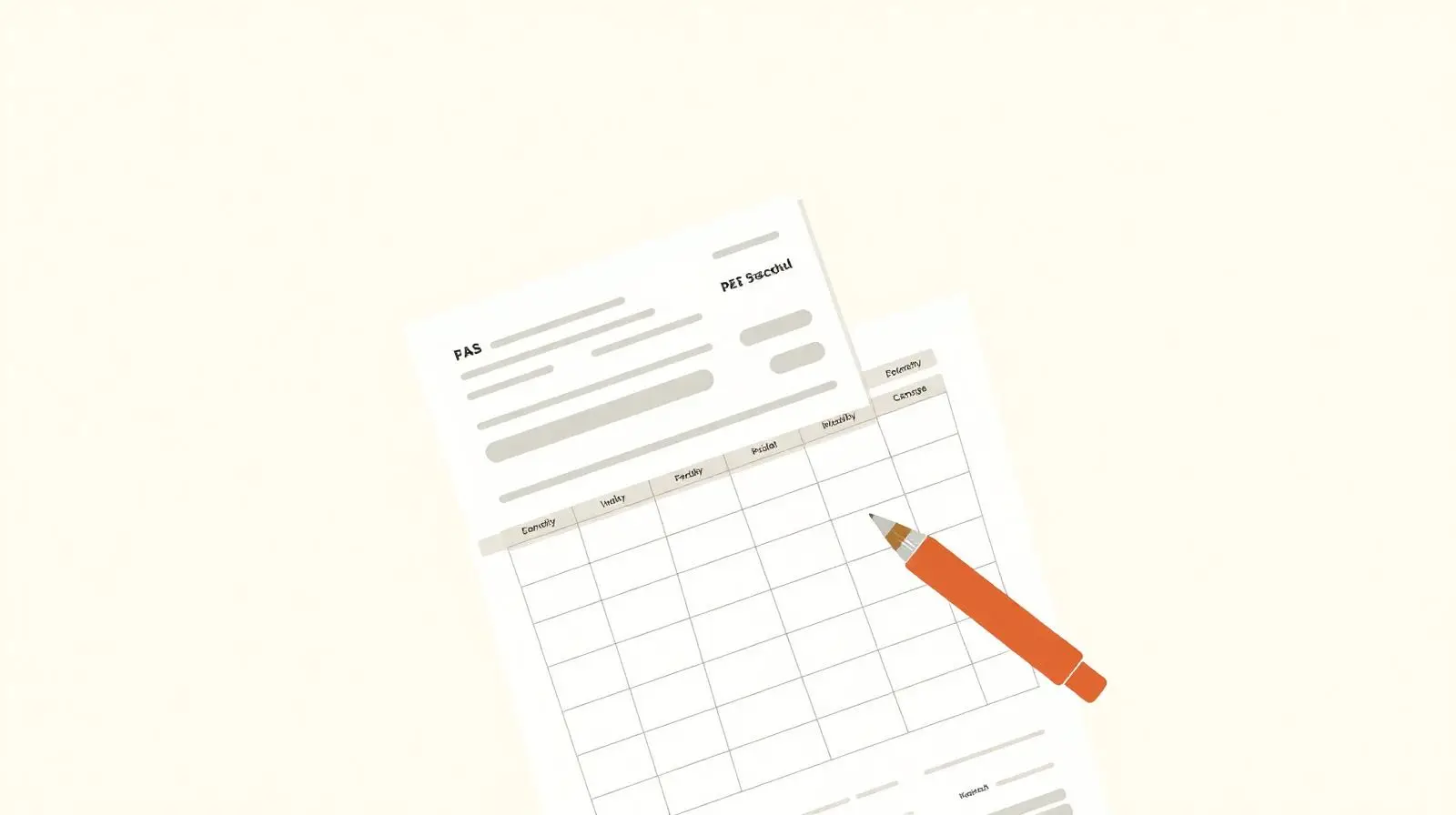 Illustration of a paystub layered over a monthly budget worksheet with a pencil