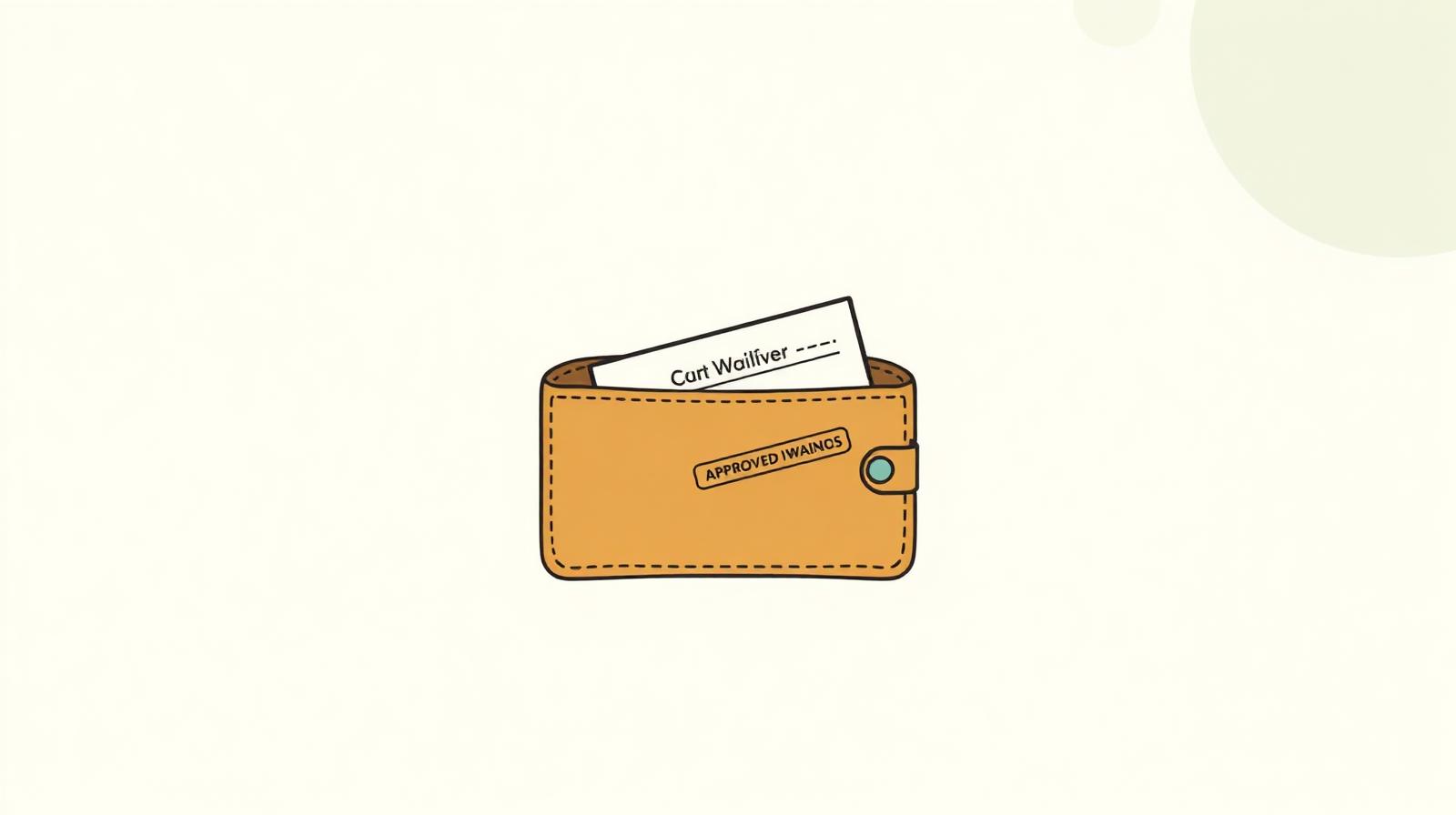 Illustration of an open empty wallet with a court fee waiver form tucked inside and an approval stamp beside it