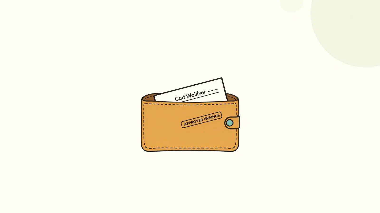 Illustration of an open empty wallet with a court fee waiver form tucked inside and an approval stamp beside it