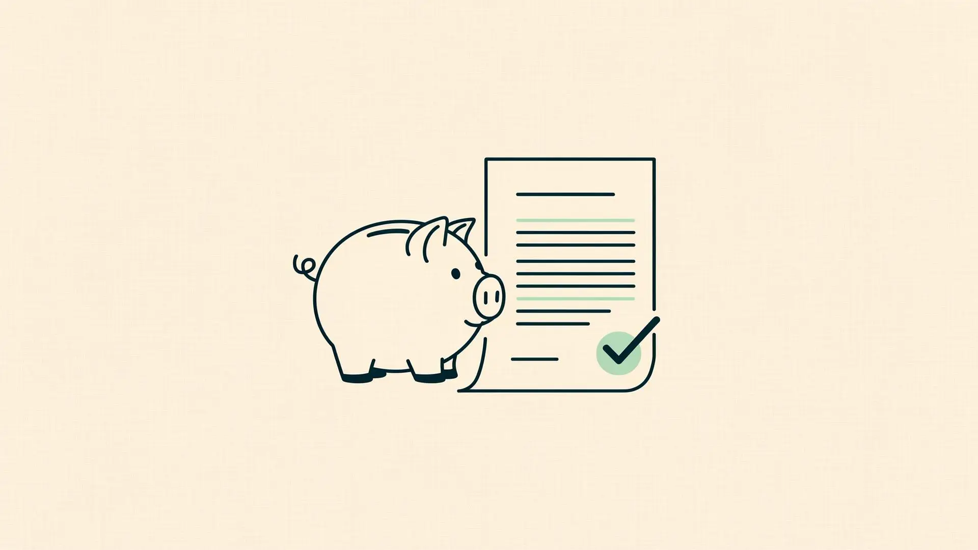Illustration of a piggy bank next to a folded form with a checkmark, representing a waived divorce filing fee