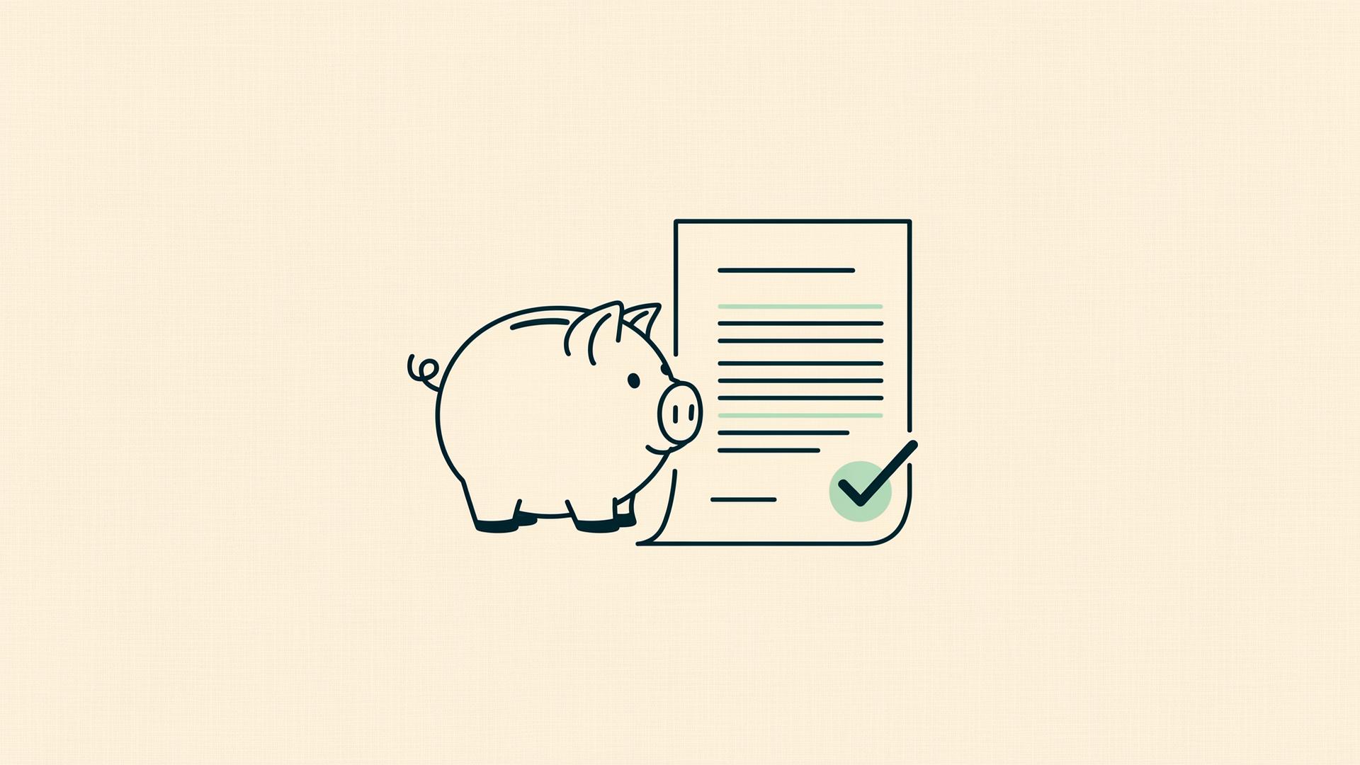 Illustration of a piggy bank next to a folded form with a checkmark, representing a waived divorce filing fee