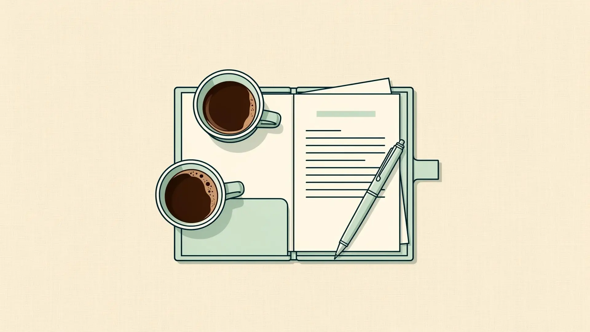 Overhead illustration of two coffee mugs beside an open folder with a pen, suggesting an at-home agreement