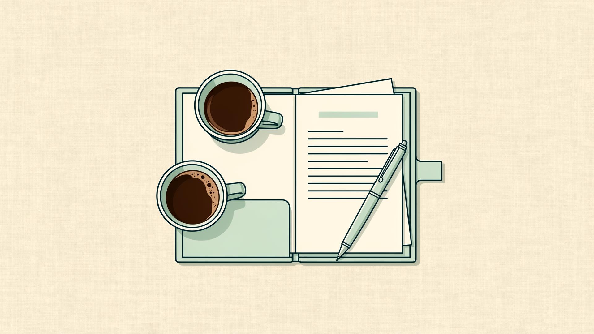 Overhead illustration of two coffee mugs beside an open folder with a pen, suggesting an at-home agreement