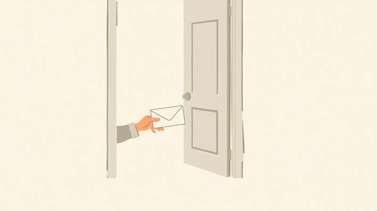 Illustration of a hand passing an envelope across an open doorway