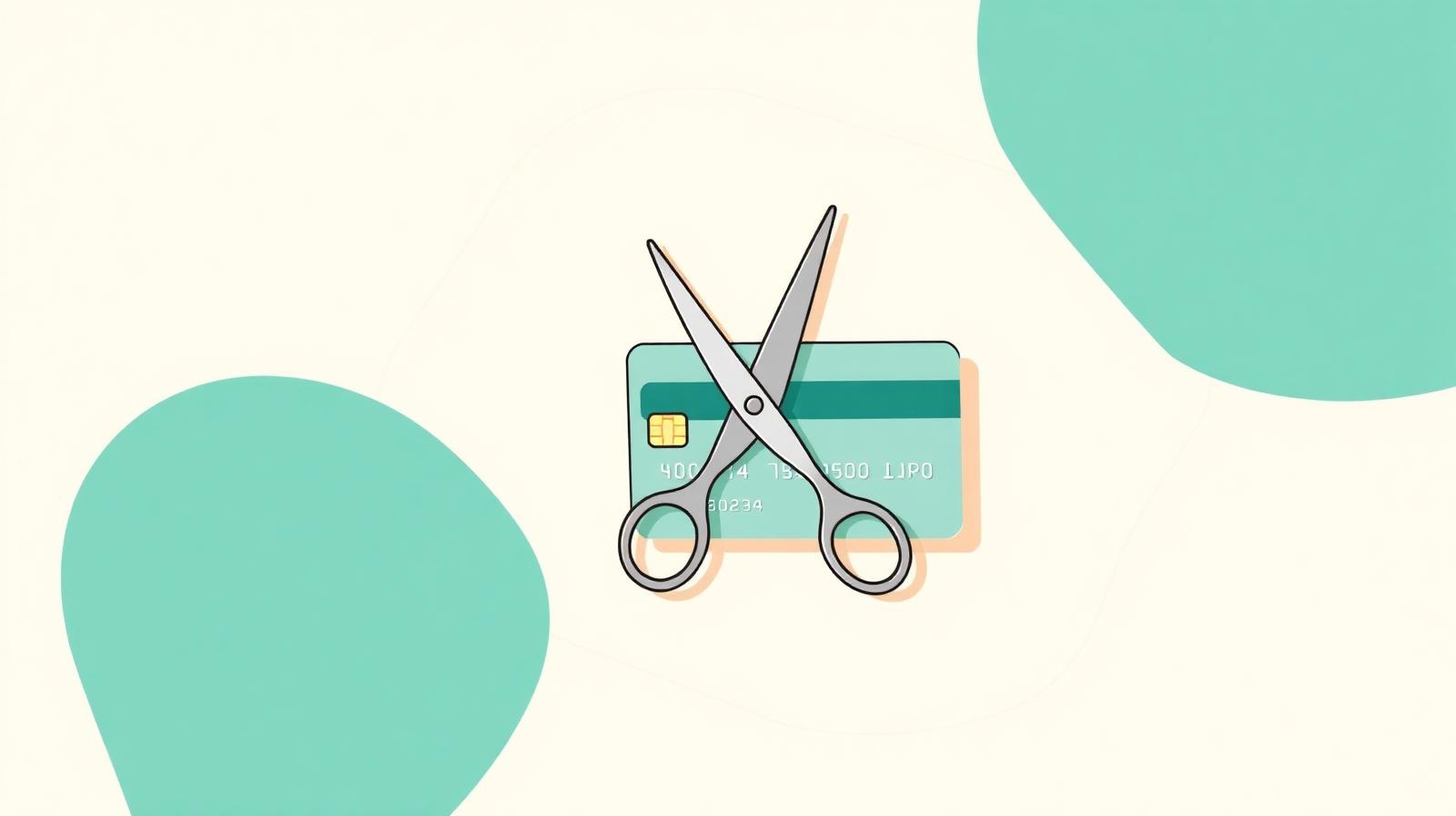 Illustration of a pair of open scissors slicing through a generic credit card