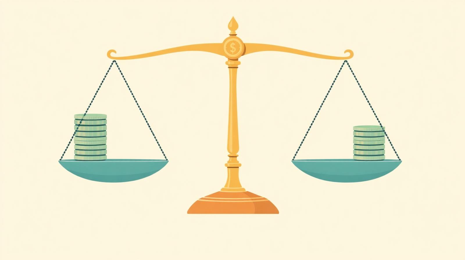 Illustration of a balanced brass scale with two equal stacks of coins over a soft outline of California