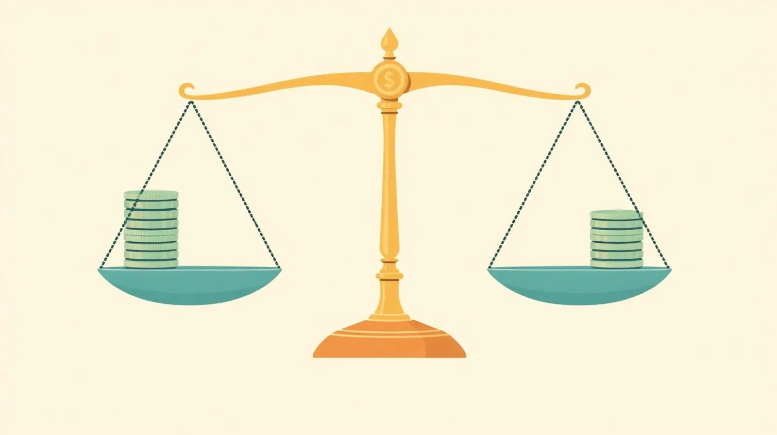 Illustration of a balanced brass scale with two equal stacks of coins over a soft outline of California