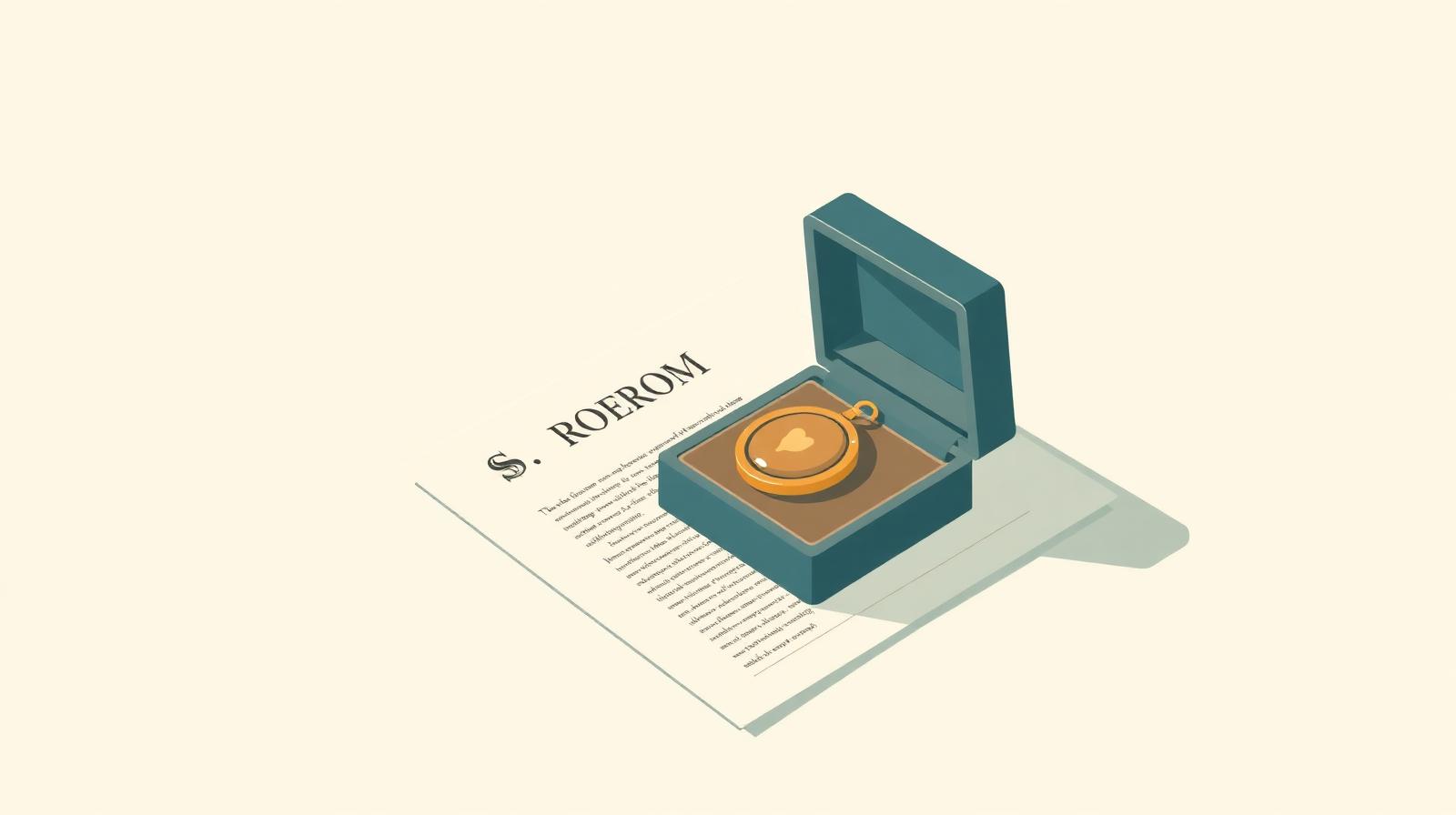 Illustration of a small open jewelry box with an heirloom locket resting on a folded property deed