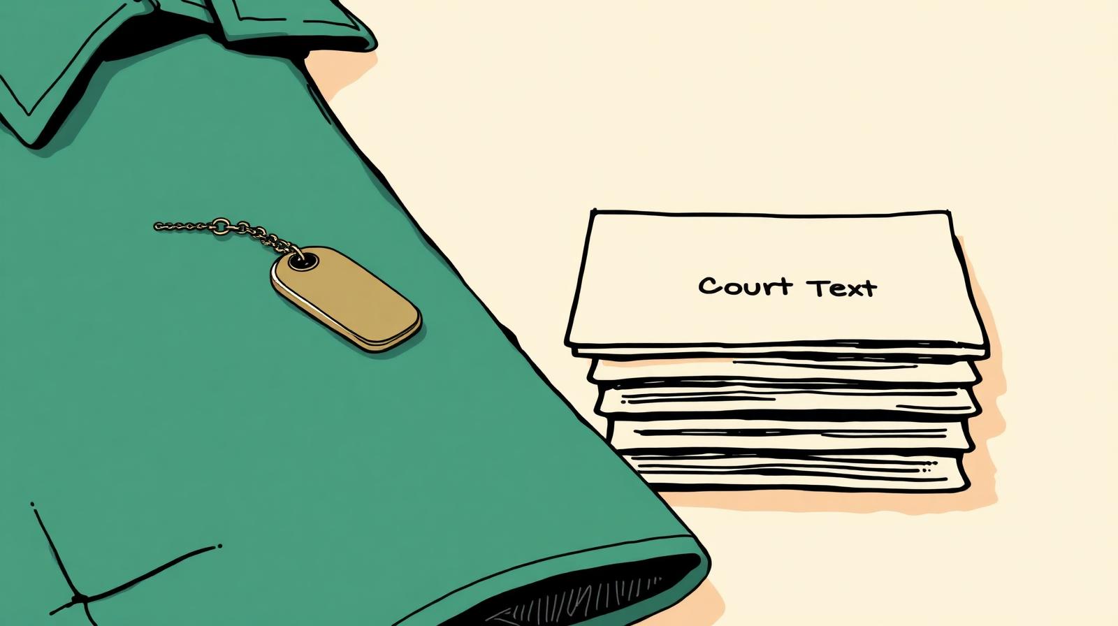 Illustration of military dog tags on a folded uniform beside a small stack of California court forms