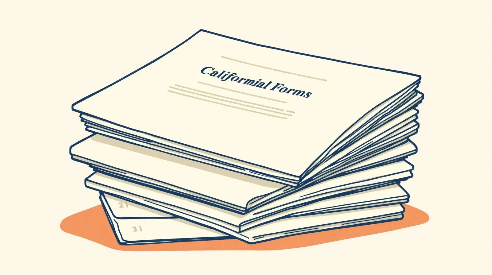 Illustration of a tidy stack of California court forms on a cream background, organized by filing phase