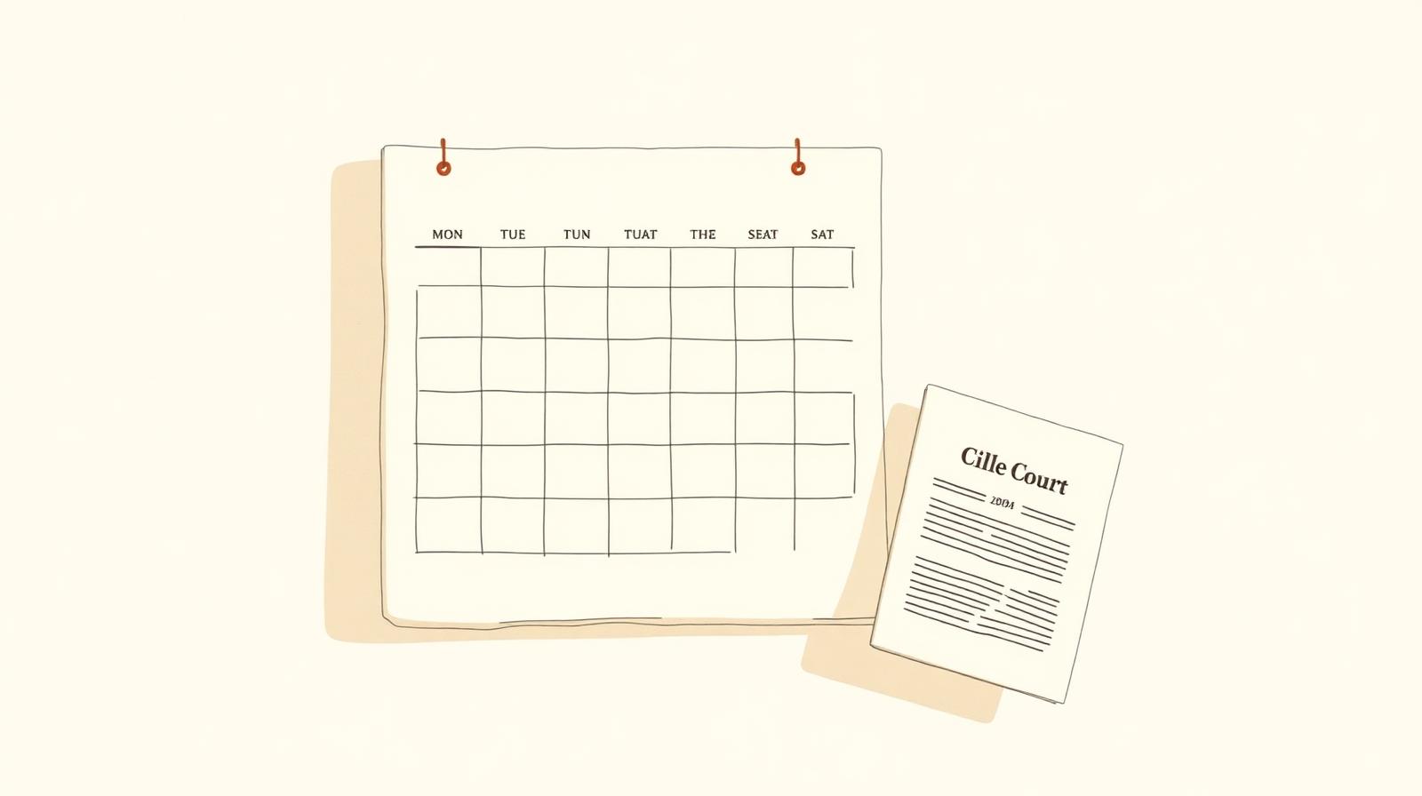 Illustration of a wall calendar with milestone markers beside a filed court petition