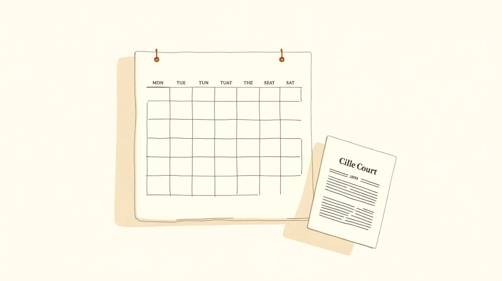 Illustration of a wall calendar with milestone markers beside a filed court petition