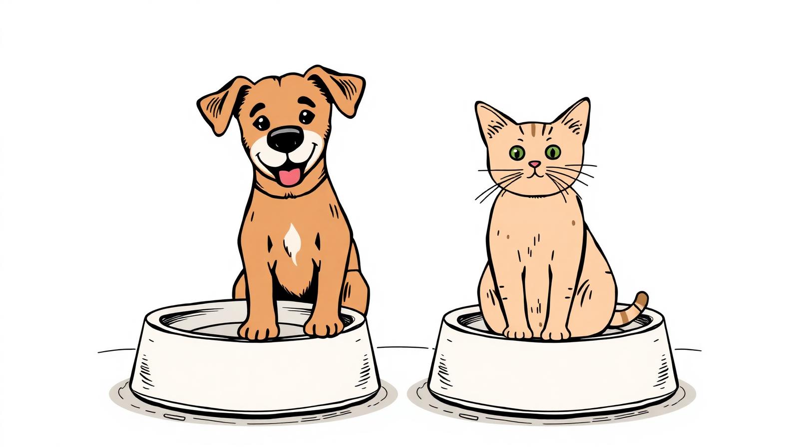 Illustration of a friendly dog and cat seated between two pet bowls, representing pet custody in divorce