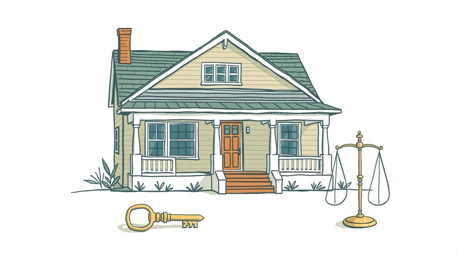 Illustration of a California craftsman home with a key and balance scales, representing dividing the family home in divorce