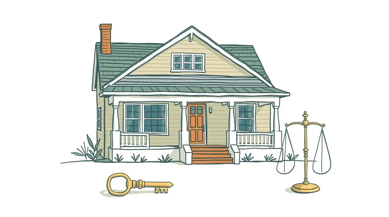 Illustration of a California craftsman home with a key and balance scales, representing dividing the family home in divorce