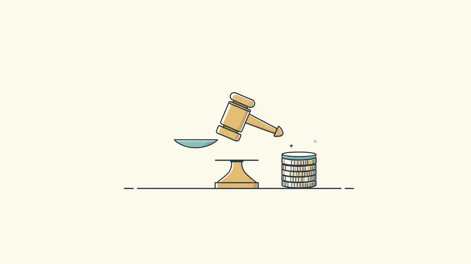 Illustration of a balanced scale with a small wooden gavel on one side and a stack of coins on the other